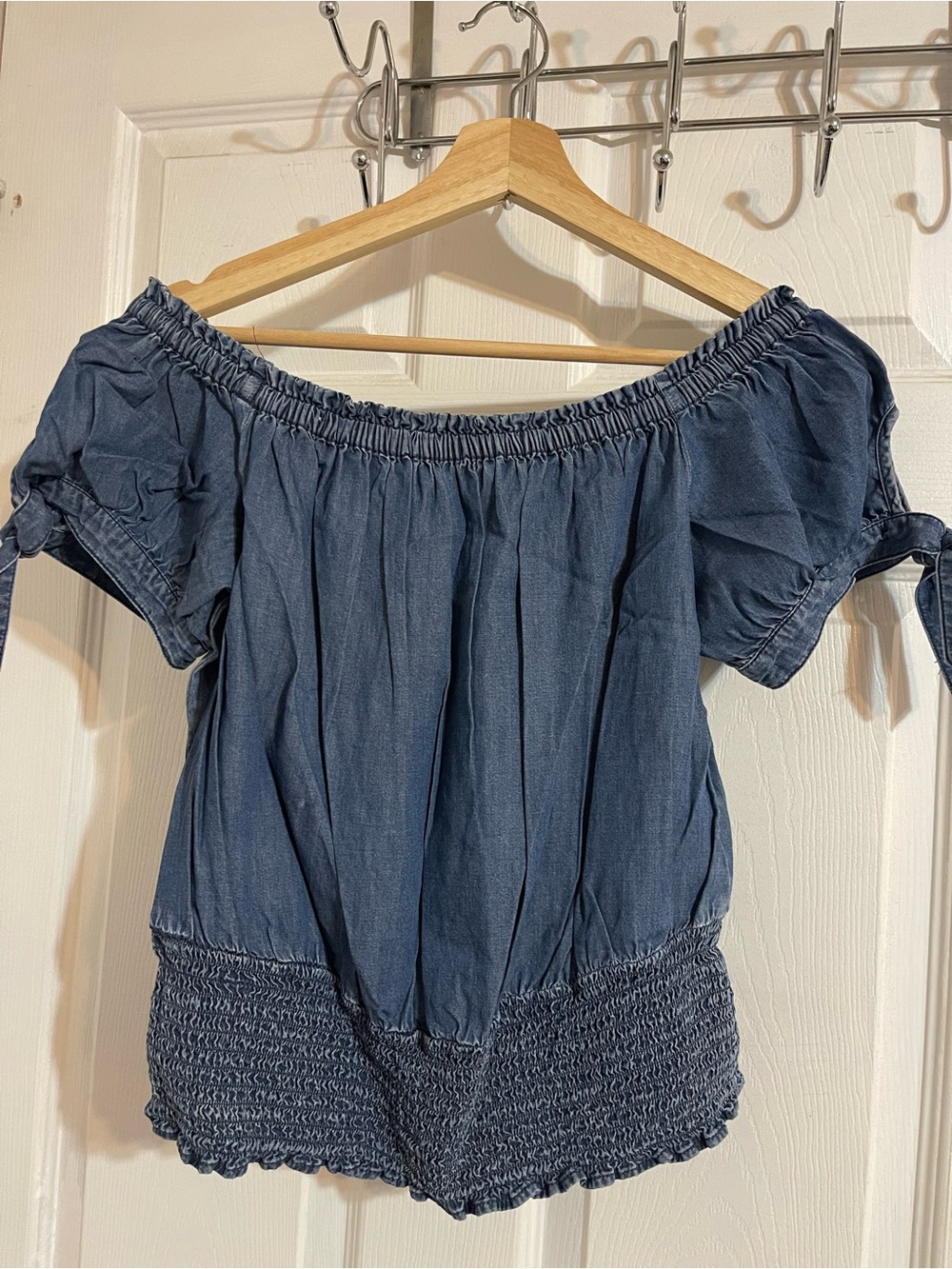 Express Off-Shoulder Denim-Look Blue Blouse